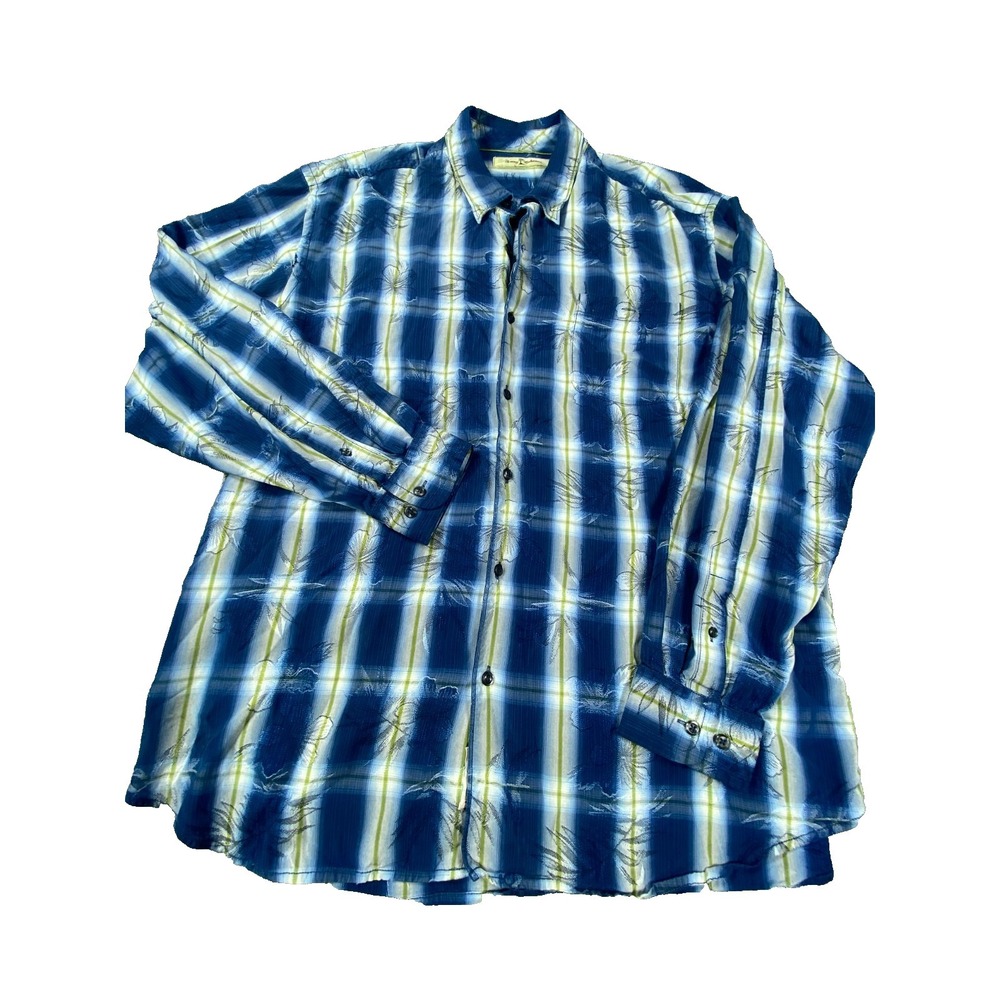 Tommy Bahama Shirt Mens XL Silk Blend Blue Plaid Tropical‎ Long Sleeve Beach AOP